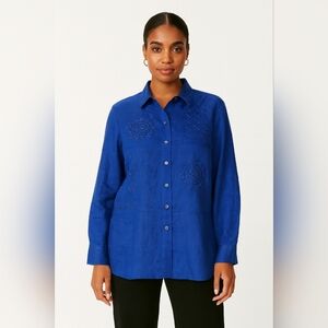 Carry Back Blue Embroidered Women's Top 100% Linen Soze L